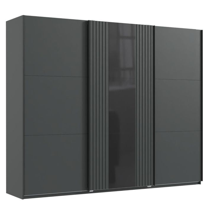 CHOICEWARDROBE Atlantic 250cm 3-door sliding wardrobe in grey with black glass centre panel.