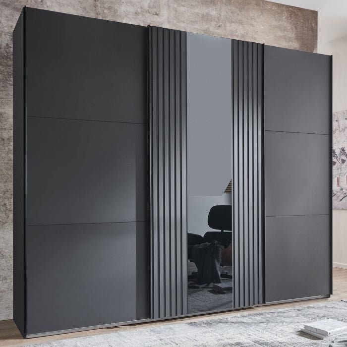 CHOICEWARDROBE Atlantic 250cm 3-door sliding wardrobe with grey finish and central mirrored panel.