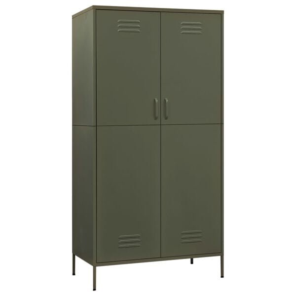 CHOICEWARDROBE 4-door olive green steel locker cabinet wardrobe with industrial design and ventilation slits.