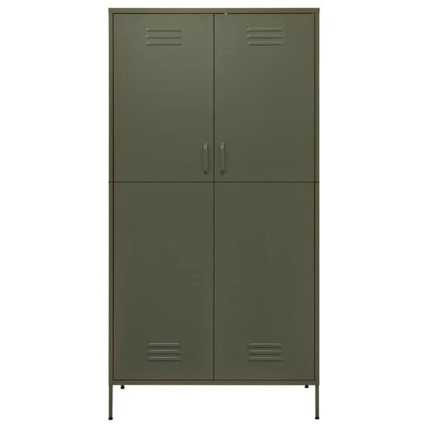 Olive green steel 4-door locker wardrobe with ventilation slits, handles, and slender legs on a white background.