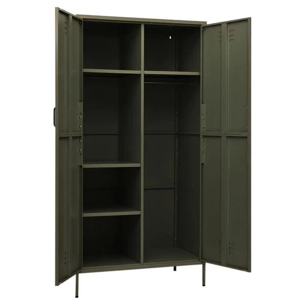 Olive green steel locker wardrobe cabinet with four doors and internal shelving, standing on legs.