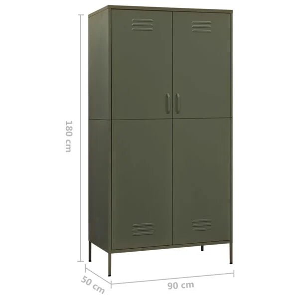 Olive green steel locker cabinet with four vented doors, dimensions 180x90x50 cm.