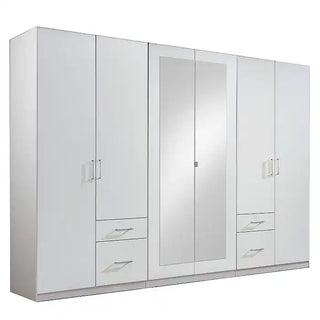 CHOICEWARDROBE Flock 270cm 6 Door Mirrored Wardrobe – White | Large Hinged Bedroom Wardrobe with Drawers & Hanging Storage