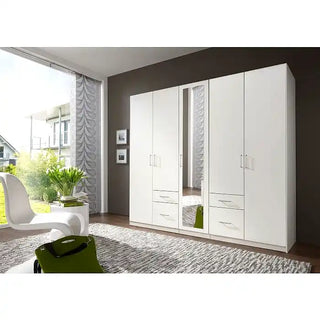 CHOICEWARDROBE Flock 225cm 5 Door Mirrored Wardrobe – White | Large Modern Wardrobe with Drawers, Shelves & Hanging Space
