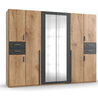 CHOICEWARDROBE Fenton 270cm 6 Door Mirrored Wardrobe – Oak & Graphite Finish | Large Modern Wardrobe with Drawers, Hanging Rails & Storage Shelves