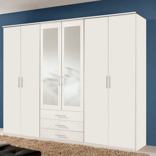 CHOICEWARDROBE Banha 270cm 6 Door Mirrored Wardrobe – White | Large Hinged Bedroom Wardrobe with Drawers, Shelves & Hanging Rails