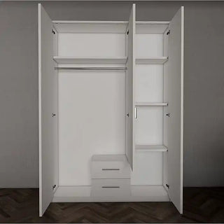 The WINSTEAD 3 Door Mirrored Wardrobe in black (135cm) offers spacious storage with a hanging rod, two bottom drawers, and four right-side shelves—ideal for organizing any room.