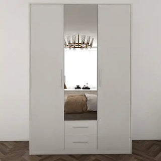 The WINSTEAD 3 Door Mirrored Wardrobe in matt white (120cm) features silver handles, a central mirrored door, and two drawers below. Ideal as modern bedroom furniture, its mirror adds style and light to any space.