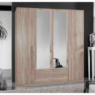 The OKHRA 4 Door Wardrobe Oak 180cm features full-length mirrored doors and two bottom drawers, bringing a modern touch to rooms with neutral tones.