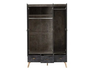 CHOICEWARDROBE Noein 113 cm 3 Door 3 Drawer Wardrobe – Concrete Effect Finish with Wooden Legs | Modern Industrial Style