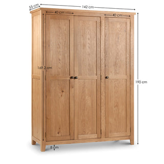 CHOICEWARDROBE Porsha 142cm 3 Door Waxed Oak Wardrobe – Solid Wooden Frame | Classic Shaker Design with Hanging Rail & Shelves