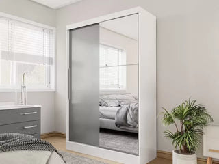 CHOICEWARDROBE Nivara 120 cm Two Tone White & Grey Sliding Door Wardrobe – Gloss Finish with Mirror Panel & Hanging Storage