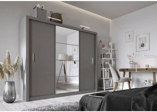 CHOICEWARDROBE Inverto 3 Door Sliding Wardrobe – 250cm Wide, Matt Grey with Central Mirror | Built-In Shelves & Double Hanging Rail