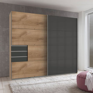 CHOICEWARDROBE Sogo 2 Door Sliding Wardrobe – 225 cm Oak & Black Two Tone Finish | Modern Design with Drawers, Shelves & Hanging Rails