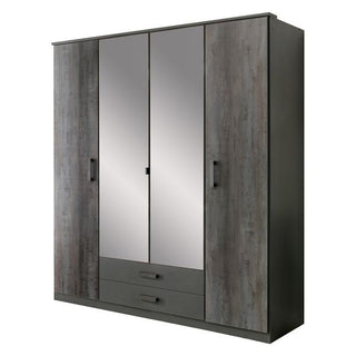 CHOICEWARDROBE Darwin 4 Door Wardrobe – 180cm Concrete Grey Finish | Mirrored Wardrobe with Drawers, Shelves & Hanging Rails