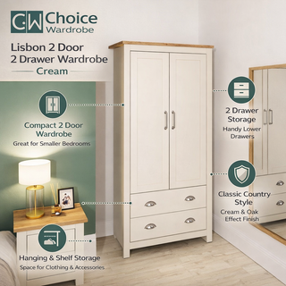 The CHOICEWARDROBE Lisbon Cream 2 Door Wardrobe with 2 Drawers features a compact design, oak effect top, classic country style, and provides hanging, shelf, and drawer storage for clothes and accessories in the bedroom.