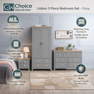 The CHOICEWARDROBE Lisbon Grey 3 Piece Bedroom Furniture Set includes a wardrobe, chest of drawers & bedside table, offering ample storage, durable MDF build and a sleek grey finish for a coordinated bedroom look.