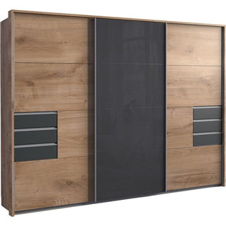 Sliding Wardrobe - SOGO 3 Door Mirrored Wardrobe Oak with Black 270cm