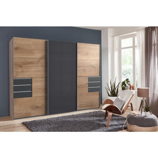 Sliding Wardrobe - SOGO 3 Door Mirrored Wardrobe Oak with Black 270cm