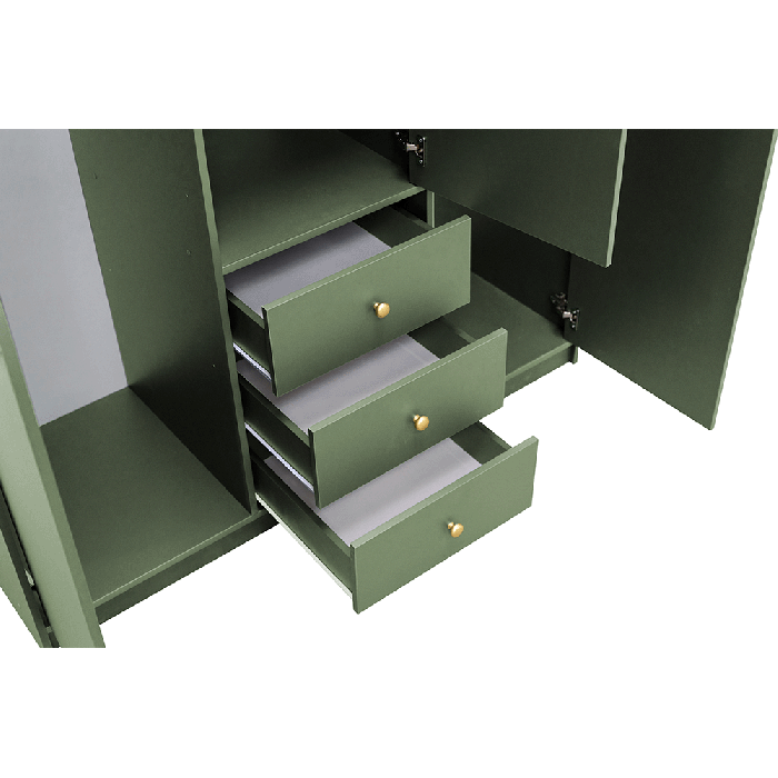 Green wardrobe interior with three open drawers featuring gold knobs.