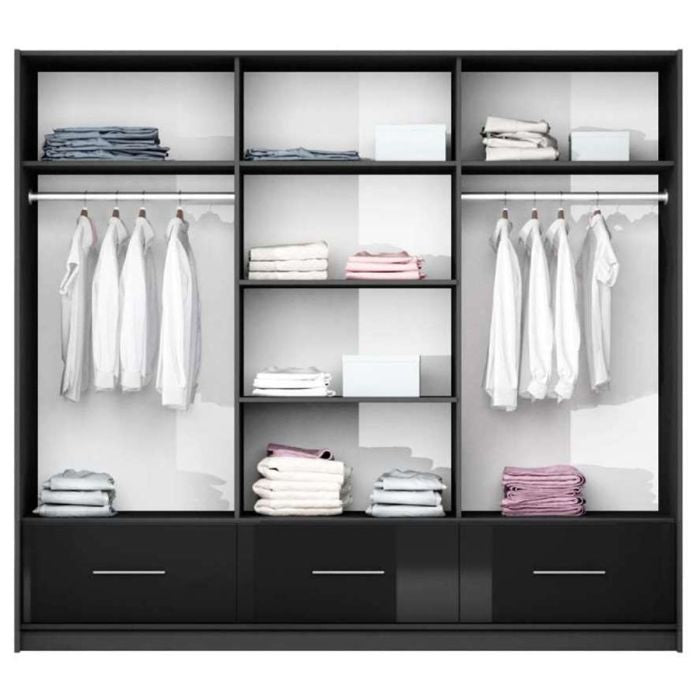 WARRINGTON 3-door black high gloss sliding wardrobe with mirrored panel and organised storage