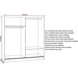 CHOICEWARDROBE Modora Black High Gloss 2 Door Sliding Wardrobe with Full-Length Mirror – Space-Saving Modern Storage