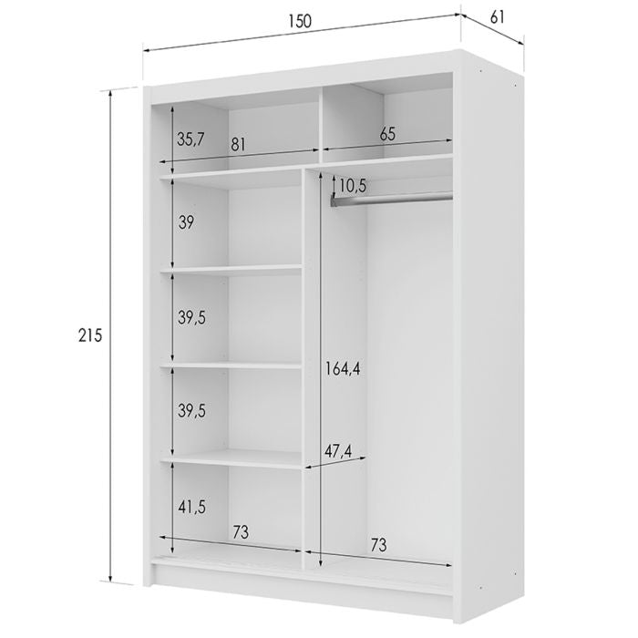 Diagram of a white 2-door sliding wardrobe with dimensions: 150cm width, 215cm height.