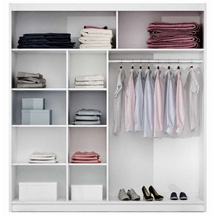 White 2-door sliding wardrobe with mirrored door, showing shelves, hanging rail and shoes.