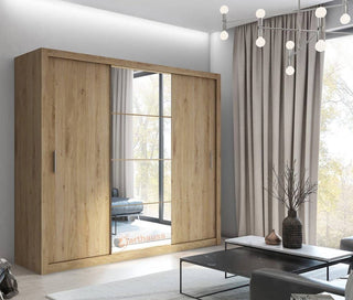 CHOICEWARDROBE Inverto 3 Door Sliding Wardrobe – 250cm Wide, Oak San Remo with Central Mirror | Built-In Shelves & Double Hanging Rail