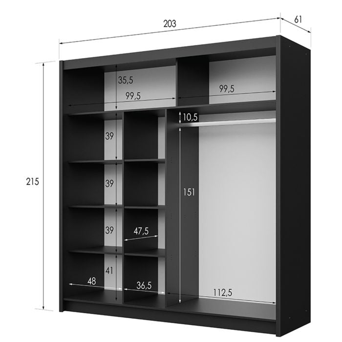 Black sliding wardrobe diagram with internal shelf and hanging rail dimensions