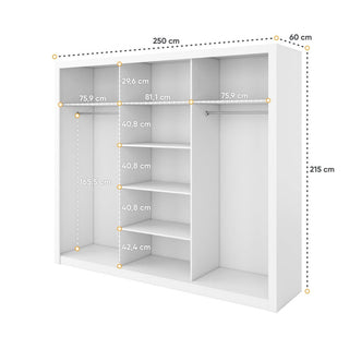 CHOICEWARDROBE Inverto 3 Door Sliding Wardrobe – 250cm Wide, Matt White with Central Mirror | Built-In Shelves & Double Hanging Rail