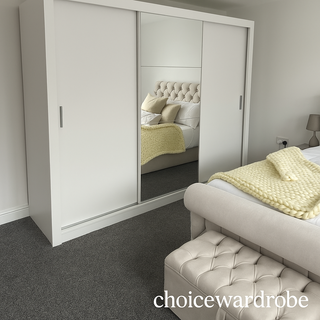 CHOICEWARDROBE Inverto 3 Door Sliding Wardrobe – 250cm Wide, Matt White with Central Mirror | Built-In Shelves & Double Hanging Rail