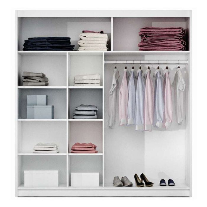 White 2-door sliding wardrobe with mirrored door and internal shelving