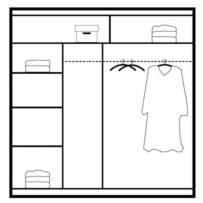 Wardrobe internal layout diagram showing shelves, hanging rail and garment