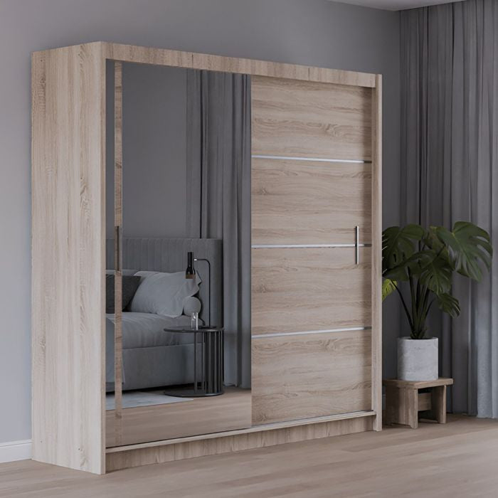 Light wood effect 2 door sliding wardrobe with one mirrored door