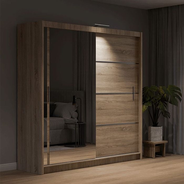 BROADLAND 2-door sliding wardrobe with mirrored door, Sonoma oak effect finish