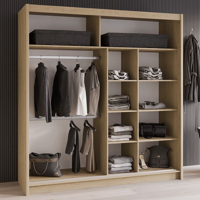 2-door sliding wardrobe in Sonoma oak effect with mirrored door, showing hanging rails and shelves with clothes.