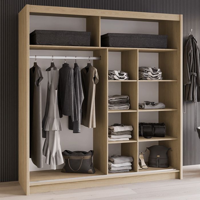 2 Door Sliding Wardrobe Sonoma Oak Effect with hanging clothes and shelves