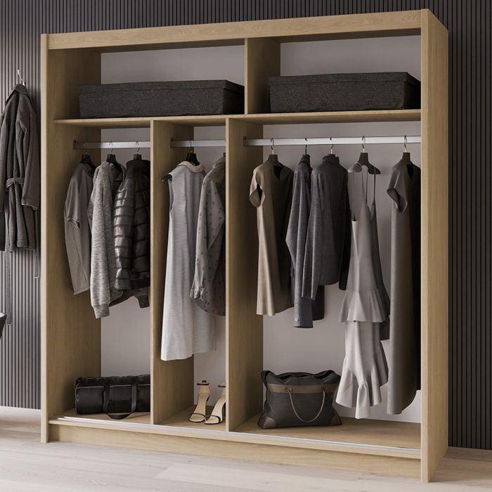 Sonoma 2 door sliding wardrobe with hanging rails and shelves, two storage boxes on top