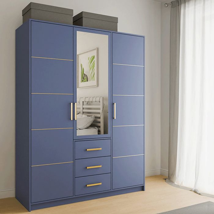 Blue 3-door wardrobe with a mirrored central door and three visible drawers with gold handles.