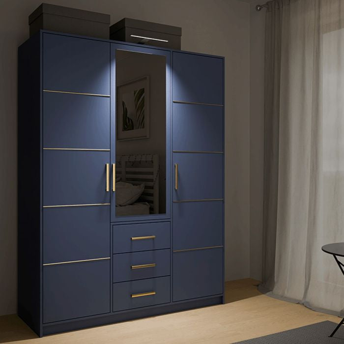 BARNSLEY 3 door blue wardrobe with gold trim and central mirror