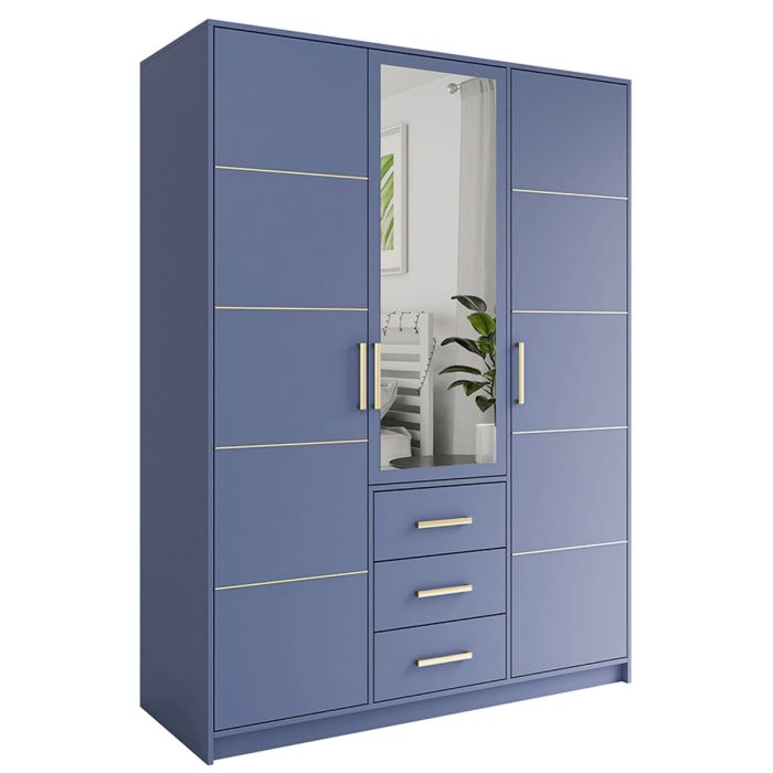 Blue 3-door wardrobe with central mirror and gold trim, featuring three visible drawers below.