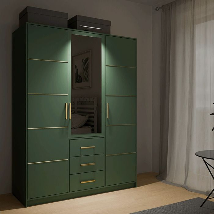 BARNSLEY 3 door green wardrobe with mirrored central door and gold handles