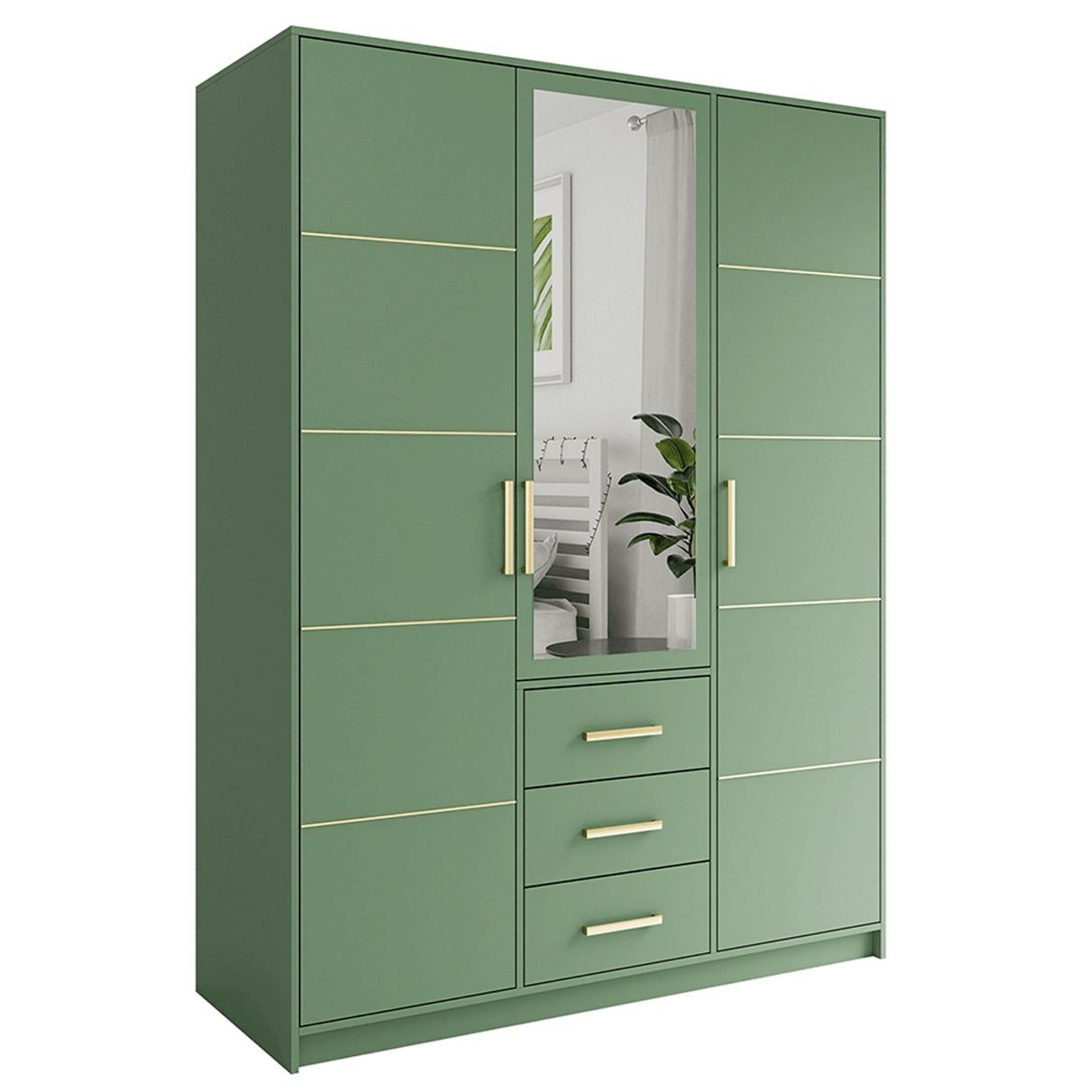Green three-door wardrobe with central mirror and gold handles