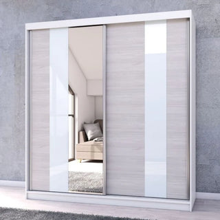 CHOICEWARDROBE Monaro 203cm Sliding 2 Door Wardrobe – Matt White Frame, Mirror Door, Gloss White & Light Oak Panels