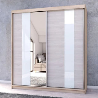 CHOICEWARDROBE Monaro 203cm 2 Door Sliding Wardrobe – Sonoma Oak Frame, Mirror Door, Gloss White & Light Oak Panels