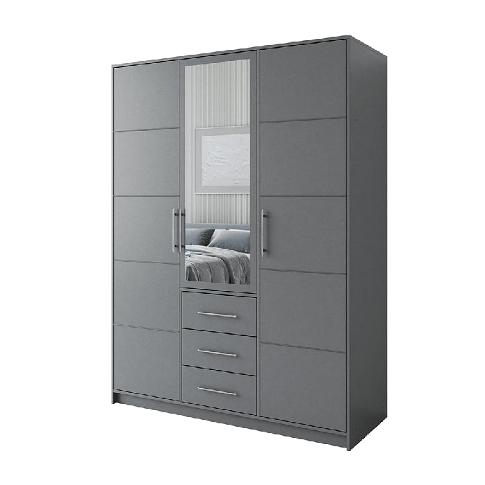 Grey 3-door wardrobe with mirrored central door and 3 drawers