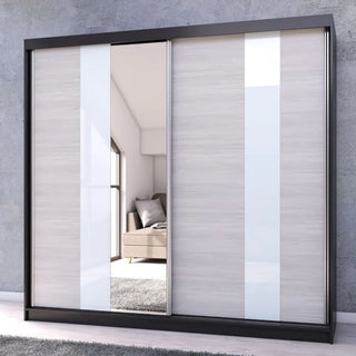 CHOICEWARDROBE Monaro 233cm Sliding Wardrobe – Matt Black Frame, Mirror Door, Gloss White & Light Oak Panels