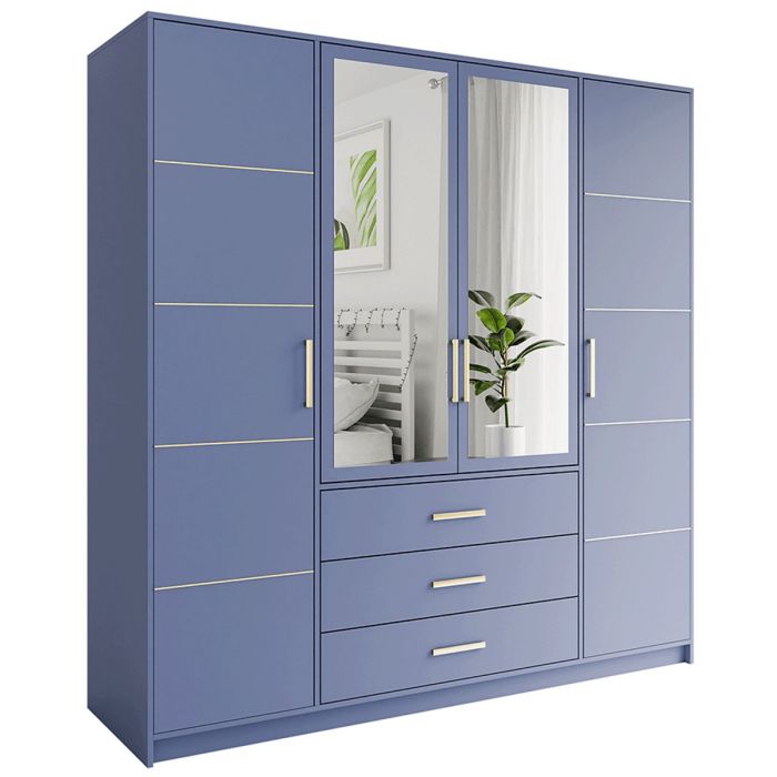 Blue 4-door wardrobe with mirrored centre doors and gold handles