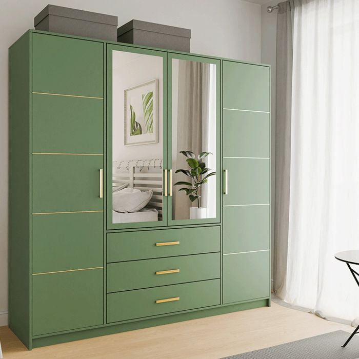 Green 4 door wardrobe with mirrored centre doors and 3 drawers